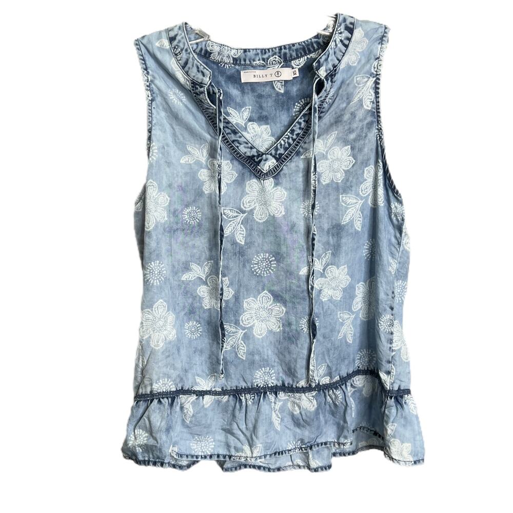 Billy T Women's Sz XS Sleeveless Top Blouse Light Blue Floral Ltwt denim V-Neck